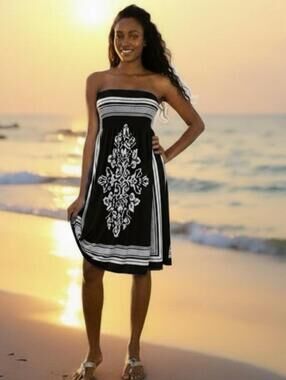 Black Strapless Summer Dress with White Floral Pattern XL